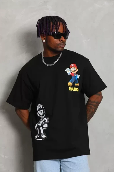 Unisex Oversize Baskılı Bisiklet Yaka T-Shirt - Siyah - Resim 2