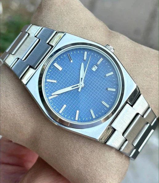 Gümüş Çelik Kordon Erkek Kol Saati Takvimli Lacivert Kadran Özel Kutulu