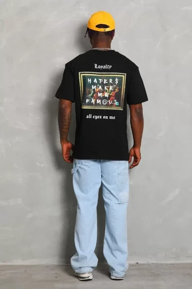 Unisex Oversize Baskılı Bisiklet Yaka T-Shirt - Siyah - Resim 4