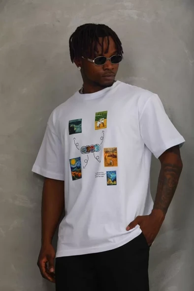 Unisex Oversize Baskılı Bisiklet Yaka T-Shirt - Beyaz ürün görseli