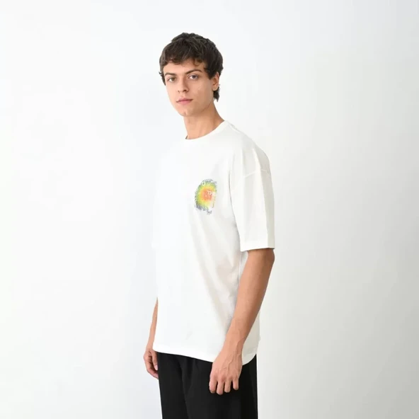 Unisex Bisiklet Yaka Baskılı Oversize T-Shirt - Beyaz ürün görseli 1