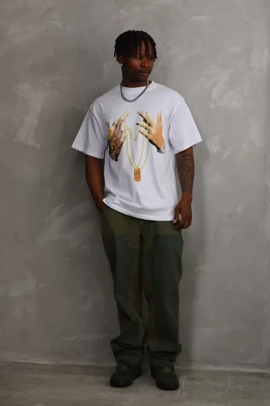 Unisex Baskılı Oversize T-Shirt - Beyaz - Resim 3