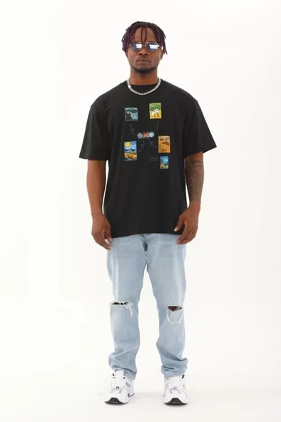 Unisex Oversize Baskılı Bisiklet Yaka T-Shirt - Siyah - Resim 4