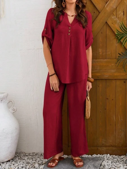 Kadın Kısa Kollu V Hakim Yaka Düğmeli Bürümcük Bluz Ve Pantolon Ikili Takım - Resim 3