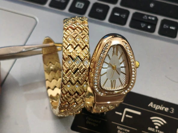 Altın Renk Taş Kaplama Beyaz Kadran Yılan Saat Dolamalı Saat - 2