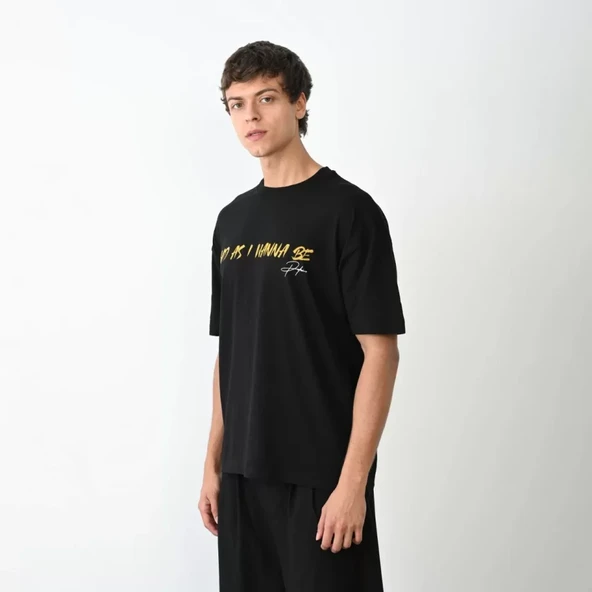 Unisex Bisiklet Yaka Baskılı Oversize T-Shirt - Siyah - Resim 2