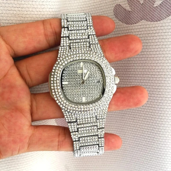 Gümüş Renk Taş Kaplama Oval Kasa Tasarım Kadın Kol Saati - 2