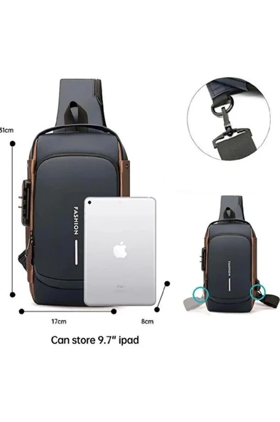 Usb Şarj Girişli Tek Kol Omuz Çanta Erkek Kadın Çapraz Askılı Kilitli Bel Göğüs Günlük El Çantası - Resim 4