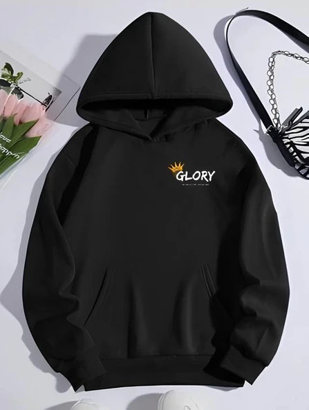 Kışlık Üç İplik Kapşonlu SweatShirt - Siyah ürün görseli