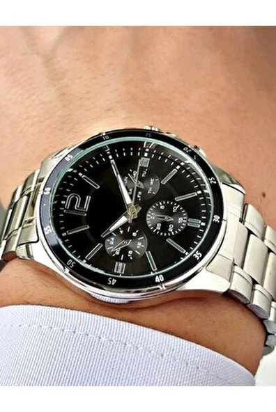 Gümüş Çelik Kordon Erkek Kol Saati Takvimli Siyah Kadran Özel Kutusunda - 2