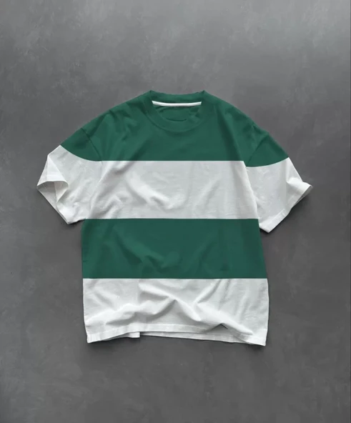 Unisex Bisiklet Yaka Parçalı T-Shirt - Yeşil ürün görseli 1