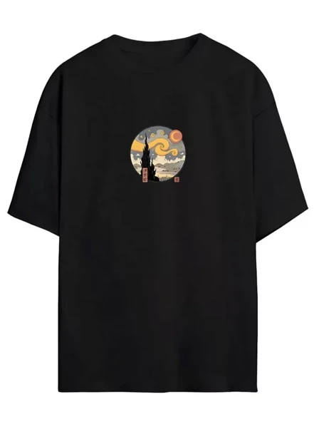 Unisex Baskılı Oversize T-Shirt - Siyah ürün görseli 1