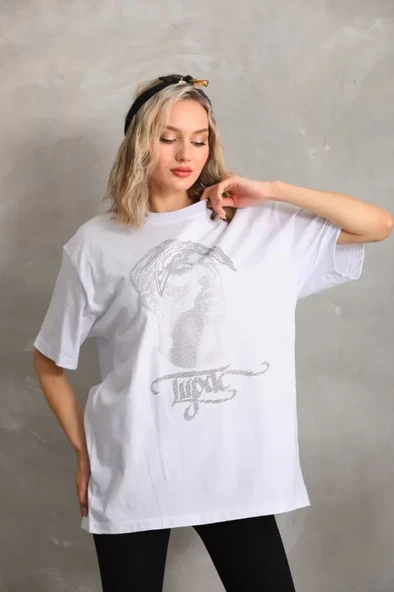 Unisex Taş Desenli Oversize T-Shirt - Beyaz - Resim 4