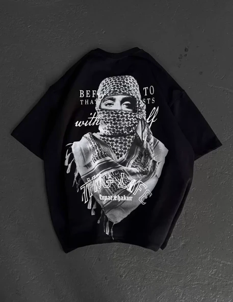 Unisex Baskılı Oversize T-Shirt - Siyah - Resim 3