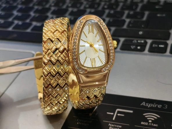 Altın Renk Taş Kaplama Beyaz Kadran Yılan Saat Dolamalı Saat