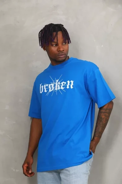 Unisex Oversize Baskılı Bisiklet Yaka T-Shirt - Mavi ürün görseli 1