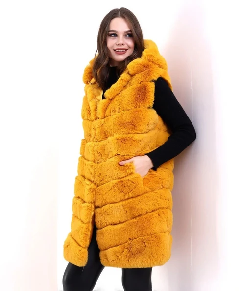 Kadın Kapşonlu Peluş Kürk Yelek Premium Kalite, Tam Astarlı, Uzun Model - Sarı - Resim 6