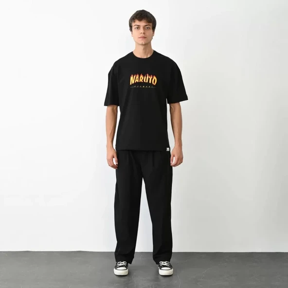 Unisex Bisiklet Yaka Baskılı Oversize T-Shirt - Siyah ürün görseli 1