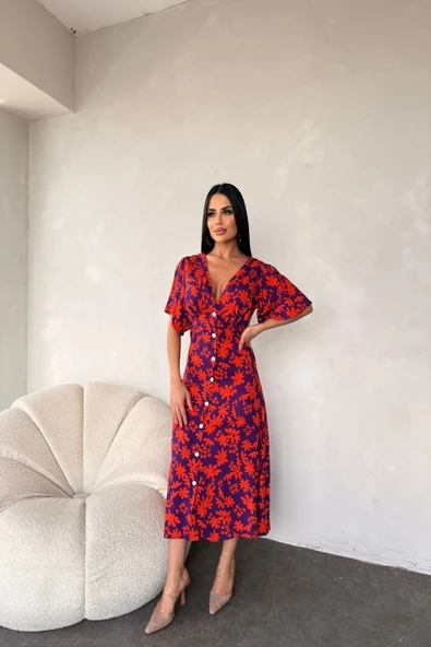 Kadın Göğüs Dekolteli Yaprak Desen Dokuma Viskon Kumaş Maxi Boy Elbise ürün görseli 1