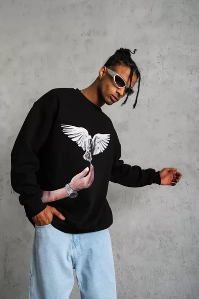 Erkek Güvercin Baskılı Sweatshirt - Siyah - Resim 4