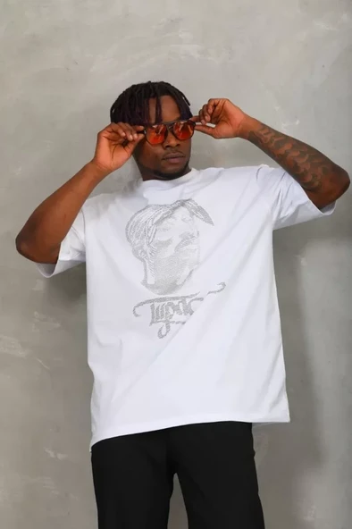 Unisex Oversize Taşlı Bisiklet Yaka T-Shirt - Beyaz ürün görseli 1