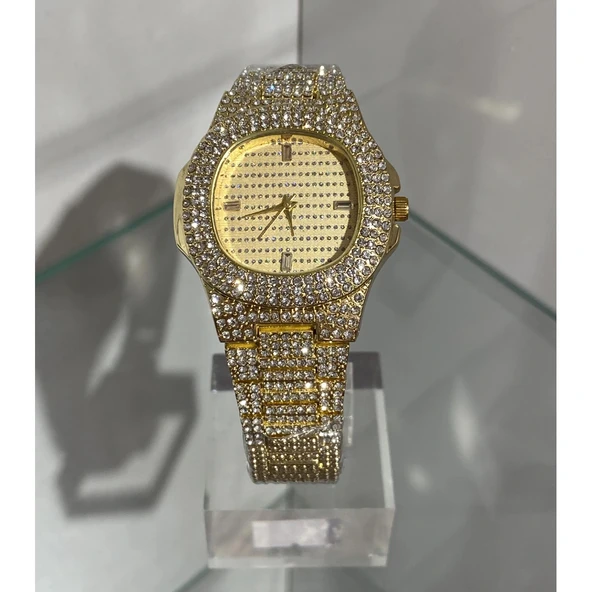 Altın Renk Taş Kaplama Oval Kasa Tasarım Kadın Kol Saati
