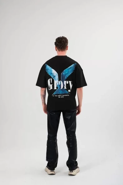 Unisex Bisiklet Yaka Baskılı Oversize T-Shirt - Siyah - Resim 4