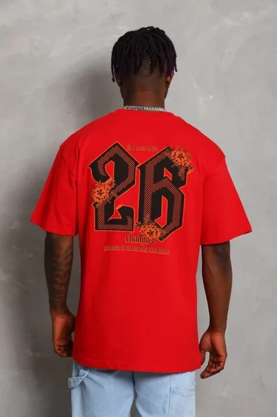 Unisex Oversize Baskılı Bisiklet Yaka T-Shirt - Kırmızı - Resim 4