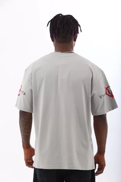 Unisex Oversize Baskılı Bisiklet Yaka T-Shirt - Gri - Resim 4