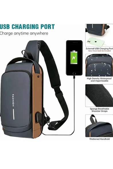 Usb Şarj Girişli Tek Kol Omuz Çanta Erkek Kadın Çapraz Askılı Kilitli Bel Göğüs Günlük El Çantası - Resim 3