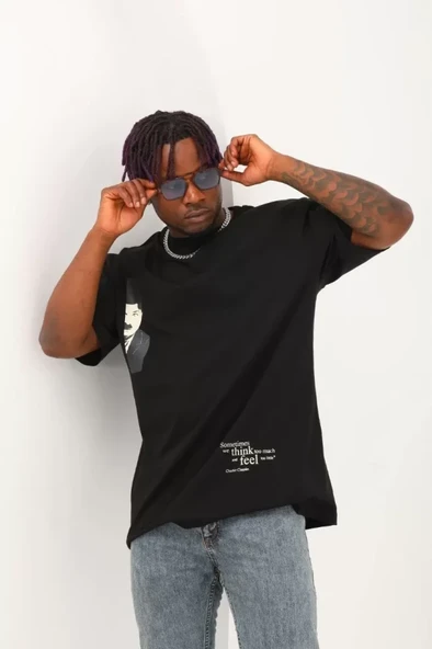 Unisex Oversize Baskılı Bisiklet Yaka T-Shirt - Siyah - Resim 3