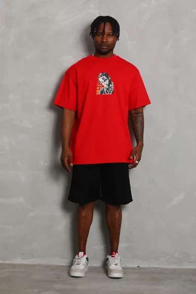 Unisex Oversize Baskılı Bisiklet Yaka T-Shirt - Kırmızı - Resim 3