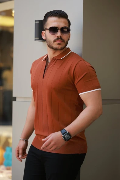 Erkek Fermuar Yakalı çizgi Dokulu Kısa Kollu Tişört ürün görseli 1