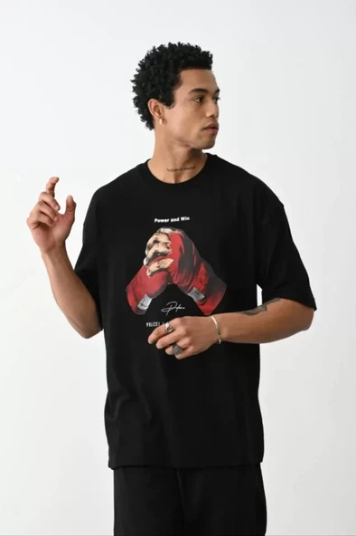 Unisex Baskılı Oversize T-Shirt - Siyah - Resim 2