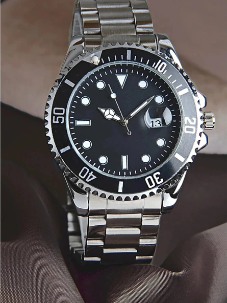 Gümüş Çelik Kordon Erkek Kol Saati Takvimli Siyah Kadran Özel kutusunda - 2