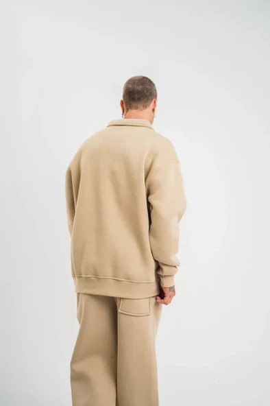 Unisex Double Oversize Patlı Yaka SweatShirt - Bej - Resim 3