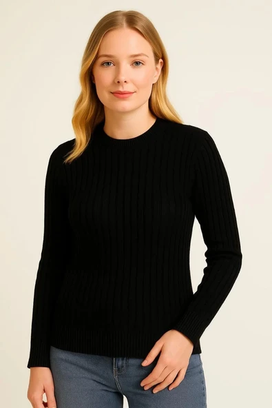 Kadın Bisiklet Yuvarlak Yaka Triko Kazak Pamuklu Kalın Fitilli Dokuma, Regular Fit Uzun Kollu Kışlık Model - Siyah - 3