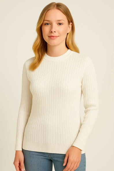 Kadın Bisiklet Yuvarlak Yaka Triko Kazak Pamuklu Kalın Fitilli Dokuma, Regular Fit Uzun Kollu Kışlık Model - Beyaz - 3