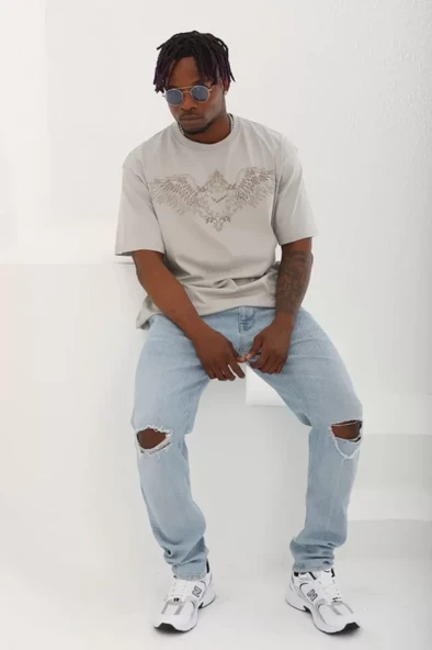 Unisex Oversize Taşlı Bisiklet Yaka T-Shirt - Gri - Resim 4