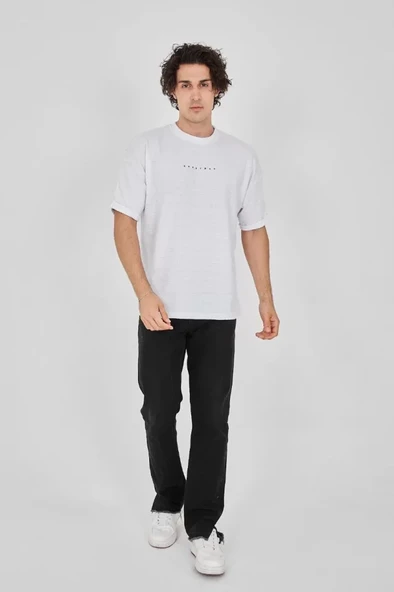 Unisex Jakar Kumaş Rahat Kol T-Shirt - Beyaz - Resim 4