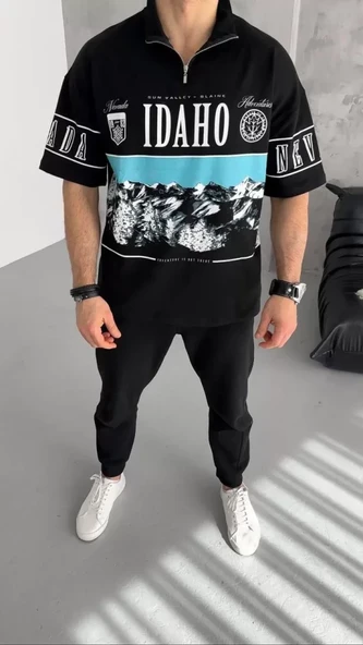 Unisex Baskılı Yarım Fermuarlı T-Shirt - Siyah ürün görseli 1