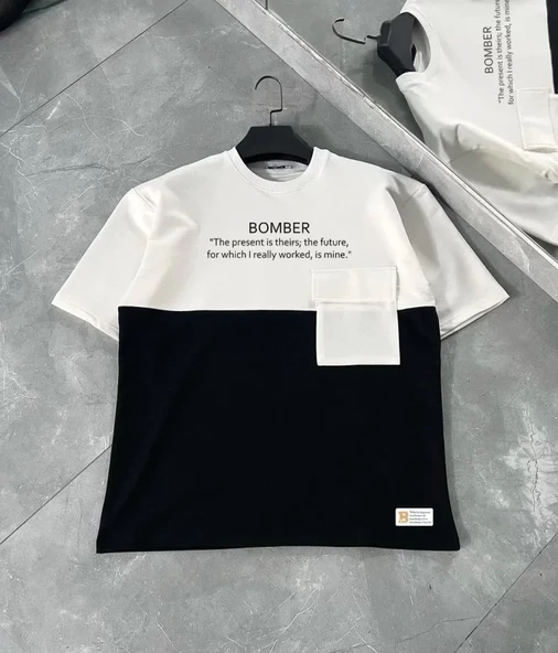 Unisex Torba Cep Detaylı  Parçalı T-Shirt - Siyah ürün görseli