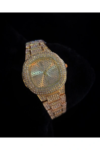 Altın Renk Taş Kaplama Oval Kasa Tasarım Kadın Kol Saati - 4