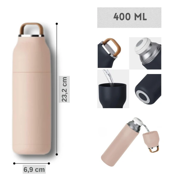 Paslanmaz Çelik Bardak kapaklı, Tutacaklı, Mat Gövdeli Termos 400 ml - Resim 4