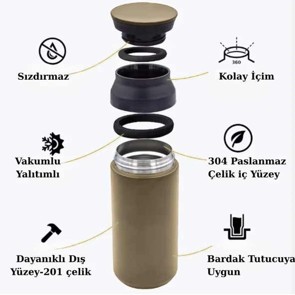 Paslanmaz Çelik Bardak Mug Termos 350 ml  Çift Katmanlı, Sızdırmaz Kapaklı - Resim 4