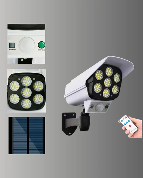 Güneş Enerjili LED Lamba + Güvenlik Kamerası Görünümlü– 5-8 m Hareket Algılamalı, Beyaz Işık - Resim 2