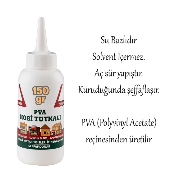 Hobi Tutkalı Hazır PVA 150 gram Şeffaf Ahşap Karton Kumaş Kağıt DIY Uygulama Maket Yapım Yapıştırıcı - Resim 4