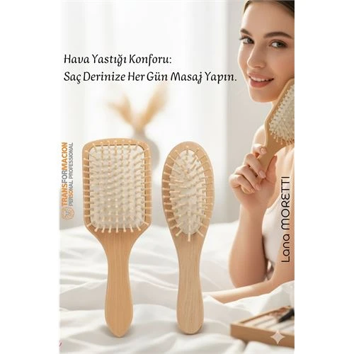 Doğal Ahşap Antistatik Hava Yastıklı Saç Fırçası (2 Boy: 23x8 & 22x6 cm) - ürün görseli