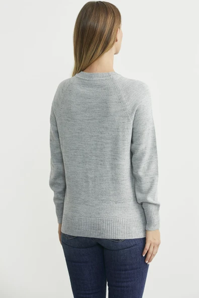 Motifli Daire Yaka Triko Kazak - Açık Gri - Resim 4