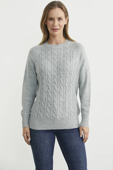 Motifli Daire Yaka Triko Kazak - Açık Gri - Resim 2